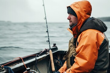 A skilled fisherman in an orange jacket stands against the serene backdrop of water and sky, patiently casting his fishing rod into the depths below