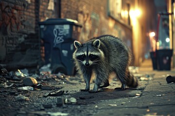 A curious raccoon stands on the street, its masked face gazing up at the towering buildings as it explores the unfamiliar outdoor world with its nimble mammalian movements