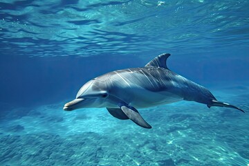 Obraz premium A graceful bottlenose dolphin glides through the crystal clear water, showcasing the beauty and wonder of these intelligent marine mammals in their natural habitat