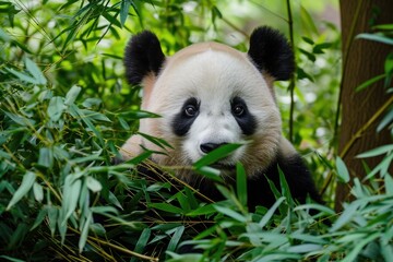 A magnificent giant panda cautiously peers through the bushes, its snout sniffing the surrounding plants, as it blends perfectly into its outdoor habitat as a terrestrial animal