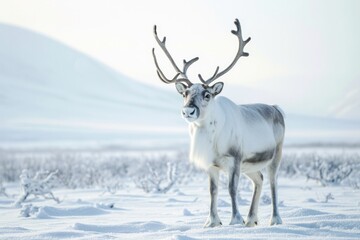 Amidst a tranquil winter landscape, a majestic reindeer stands tall, its impressive antlers reaching towards the crisp blue sky, embodying the untamed beauty of nature's creatures