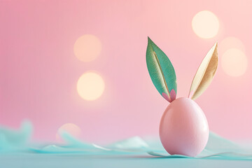 Pastel bunny egg with rabbit ears made of two leaves. Easter card with bunny eggs. Minimal pastel Easter creative banner.