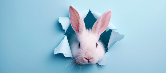 Cute little white Easter bunny peeking out of a hole in paper. Empty copy space. - obrazy, fototapety, plakaty