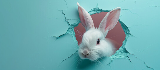 Creative Easter concept with white bunny peeps out of the cyan wall. Copy space. Banner. - obrazy, fototapety, plakaty