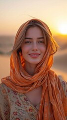 Happy girl in the desert of the Arab Emirates.