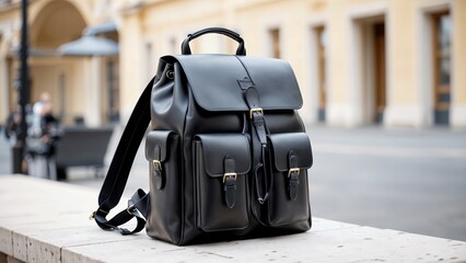 A black leather backpack is placed on a ledge in a city square.