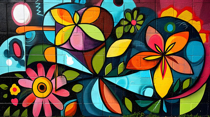 Wall graffiti street art graffiti doodle art colorful shapes geometric collage vibrant colors, floral
