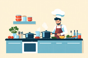 Happy Chef Cooking in a Modern Kitchen: Cartoon Illustration