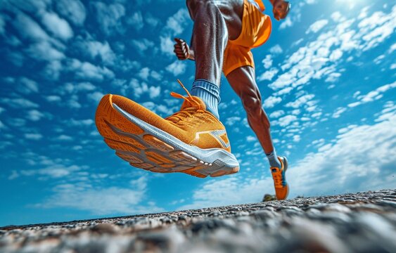 A low-angle shot of an African American male runner winning a race against a blue sky.