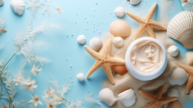Spa still life, Organic cosmetic with with sea minerals. Skincare cosmetic product and shells on blue water background top view, Ai generated image