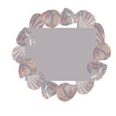 round frame made of sea shells, marine theme. hand drawn in watercolor on white background. mother of pearl shells. for design, frames, invitations