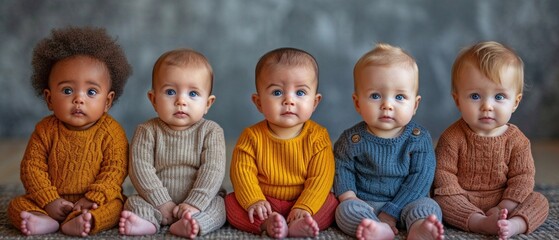 Isolated on a grey background, a row of multiethnic babies sit side by side, staring away.