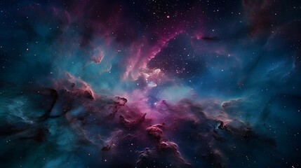 Imagine a vast and vibrant nebula that stretches across the cosmos. Its colors are a breathtaking combination of deep blues, rich purples, and shimmering pinks, all swirling and intermingling in a os - obrazy, fototapety, plakaty
