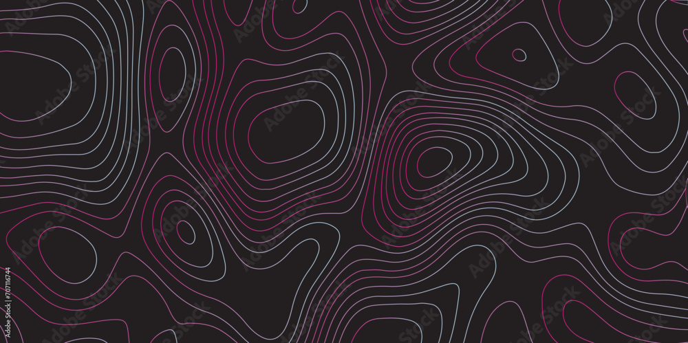 Poster Abstract black colorful gradient Topographic line map pattern background. Contour elevation topographic and textured Background Modern design with black background with topographic wavy patte.