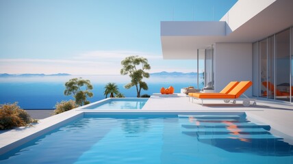 Fototapeta na wymiar Summer beach lounger sun loungers sunbathing deck private swimming pool Ai generated art