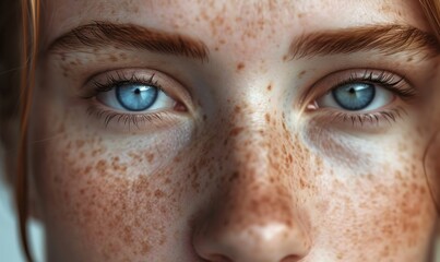 close-up portrait of a woman with freckles skin and blue eyes - obrazy, fototapety, plakaty