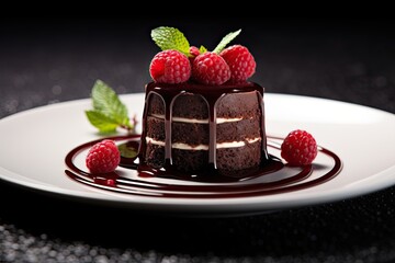 Exquisitely presented miniature chocolate cake, elegantly arranged within a fine dining setting, captured through the lens of high-key photography to enhance its sophisticated appeal.