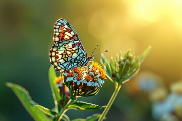 Gracefully perched on a delicate flower, the vibrant butterfly symbolizes the vital role of pollinators in the outdoor ecosystem, captured in stunning detail through macro photography