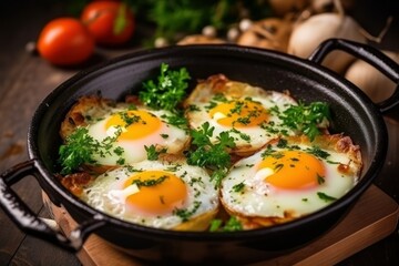 Delicious breakfast with quail eggs in a pan - obrazy, fototapety, plakaty