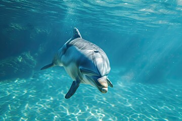 A majestic bottlenose dolphin gracefully glides through the crystal blue waters, its sleek body and playful fin a symbol of the beauty and wonder of marine life