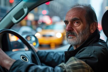 A bearded man gazes determinedly through the rearview mirror while driving his sleek car down the bustling city street, his focused expression framed by the reflection of the urban landscape