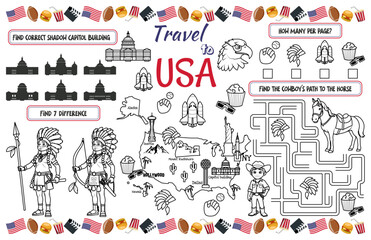 A fun placemat napkin for kids. Print out the “Travel to USA” sheet with a labyrinth, find the differences, and find the same ones. 17x11 inch printable vector file	 - obrazy, fototapety, plakaty