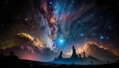 This mysterious space is like a vast night sky, with stars and galaxies shining in the dark colours. However, these stars and the Milky Way are not real, but a kind of unreal light, constantly flain - obrazy, fototapety, plakaty