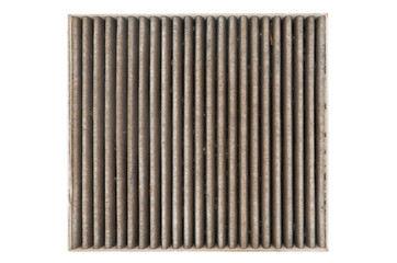 Used car cabin air filter isolated on white background. Dirty carbon car air filter with dust...