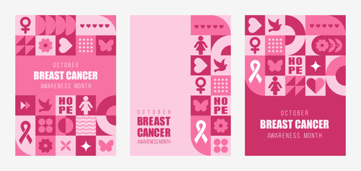 Breast Cancer Awareness Month posters. Set of Neo geometric backgrounds. Trendy minimalist designs with simple shapes and elements. Vector illustration in bauhaus minimalist style. - Powered by Adobe