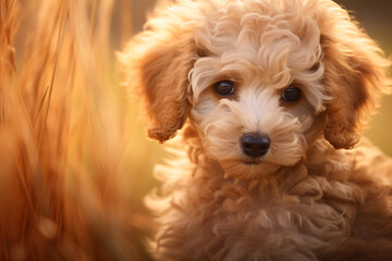 Small brown dog sitting on top of a table with shadow as background, in the style of romantic soft focus and ethereal light, poodlepunk, light orange and light beige, shaped canvas, wimmelbilder, macr