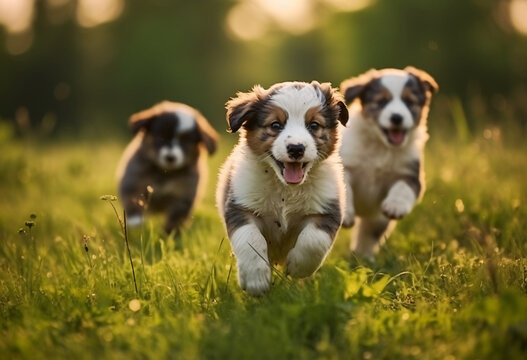 Puppies walking in field on grass, in the style of lively action poses, white and brown, wimmelbilder, high speed sync, photo taken with provia, cute and colorful


