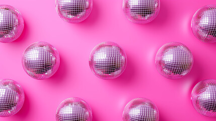 Disco ball and lights on a blurred bokeh background, horizontal banner, copy space for text. party...