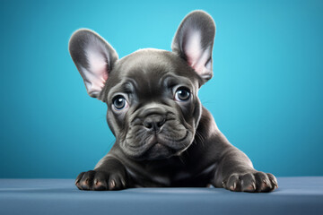 Puppy girl dog french bulldog sitting on a turquoise background, in the style of light navy and light gray, wimmelbilder, wildlife photography

