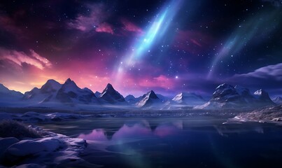 Light blue purple aurora in white snow, snow mountains, rivers, snowstorms, colorful stars twinkling, illusory engine, 4K HD, HD. Generative Ai

 - obrazy, fototapety, plakaty