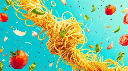Obraz na płótnie Canvas Whirl of Spaghetti with Floating Ingredients