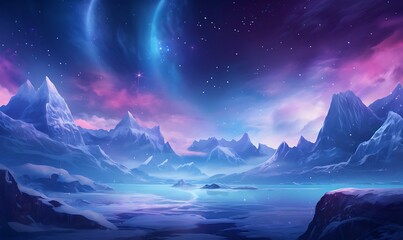 Fototapeta na wymiar Light blue purple aurora in white snow, snow mountains, rivers, snowstorms, colorful stars twinkling, illusory engine, 4K HD, HD. Generative Ai