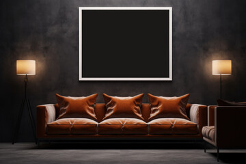 Poster mockup in modern living room interior with sofa. Frame mock up