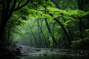 Fototapeta na wymiar Fresh Green Awakening: Rain Breathes Life into Dense Forest