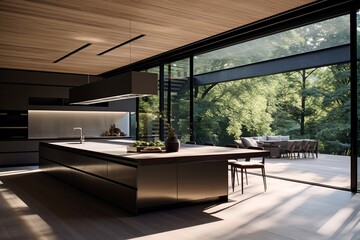 Step into a world of serenity with this minimalist kitchen featuring floor-to-ceiling windows that flood the space with abundant natural light