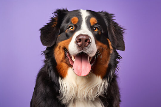 Bernese mountain dog on purple photo, in the style of emotive composition, simple, colorful, portrait miniatures, light orange and light azure, photo taken with provia, wimmelbilder


