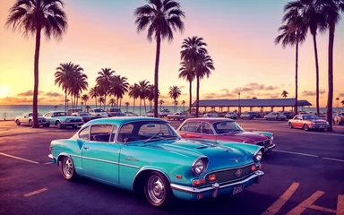 Zelfklevend Fotobehang A vintage retro car is parked near the beach against the backdrop of sunset and silhouettes of palm trees. Decorative background, concept of summer, travel, holidays and freedom.  © cmapuk_0nline