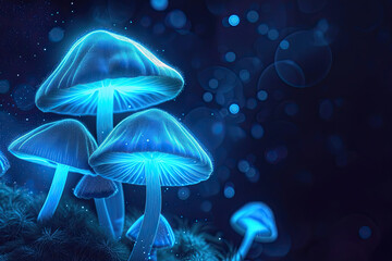 Isolated fantasy bioluminescent mushroom glowing in the dark
