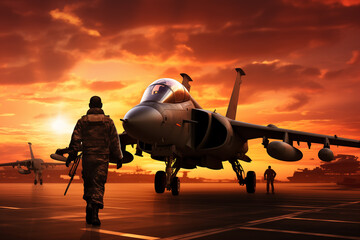 Fototapeta premium Military Aircraft Carrier with Fighter Jet and Pilot Ready for Dusk Operations. Ai generated