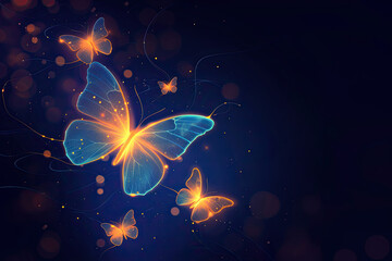 Isolated fantasy bioluminescent butterflies glowing in the dark - obrazy, fototapety, plakaty