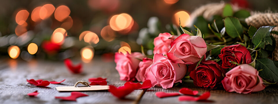 beautiful bouquet of red and pink roses on a wooden background. Love, Valentine's Day, Mother's Day.