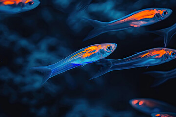 Isolated fantasy bioluminescent fish swimming in the water