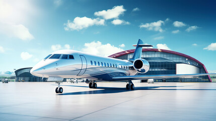 Fototapeta na wymiar A photo of a business jet standing in front of an airport. A beautiful expensive airplane. Generative AI