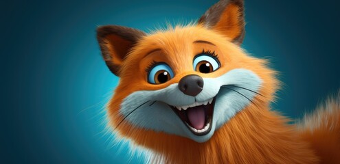 illustation of funny fox is seen with a scheerful look on his face. Cartoon style, orange and turquoise colors - obrazy, fototapety, plakaty