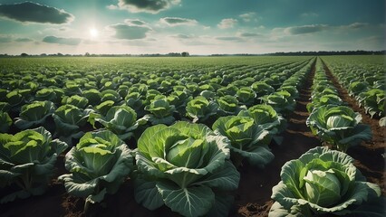 Rows of green cabbage plants on a field farm from Generative AI - obrazy, fototapety, plakaty