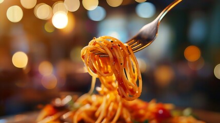 Delicious Spaghetti Twirl on Fork with Bokeh Lights